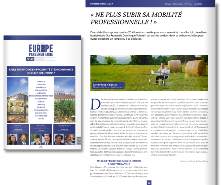 "Ne plus subir sa mobilité professionnelle" Relais d'Entreprises en honneur sur le magazine " Europe Parlementaire "