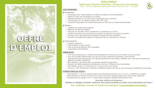 Offre emploi RE_Gest. espaces coworking – chargé de com._06 2024_Alternance_page-0001 Recrutement Gestionnaire d'Espaces de Coworking / Chargé(e) de Communication