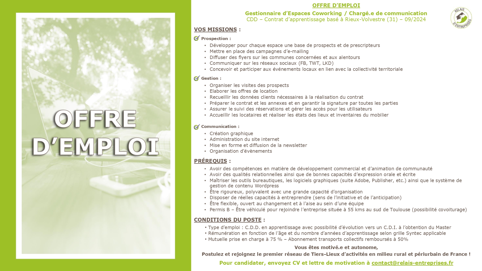 Recrutement Gestionnaire d'Espaces de Coworking / Chargé(e) de Communication