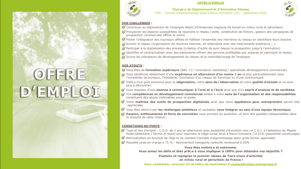 Recrutement Chargé de déploiement et d'Animation Réseau