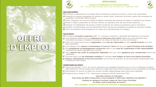Recrutement Chargé de déploiement et d'Animation Réseau